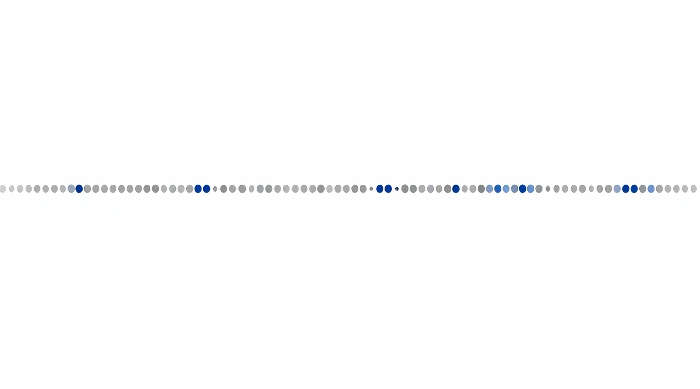 Minimalist enterprise diagram of the 28-residue thymosin alpha-1 peptide chain as cool-gray circles with 5 cobalt accent residues on pure white